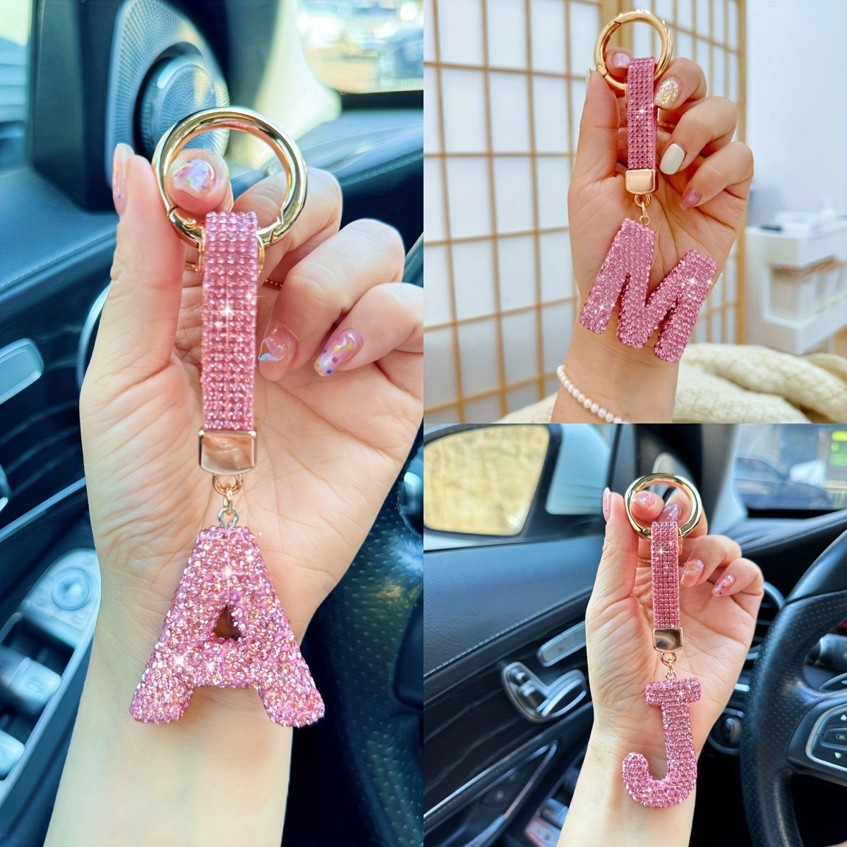 Personalized Rhinestone Initial Keychain – Shiny Pink Alphabet A–Z Charm Pendant for Women – Decorative Alloy Key Ring with Buckle – Birthday & Festival Gift